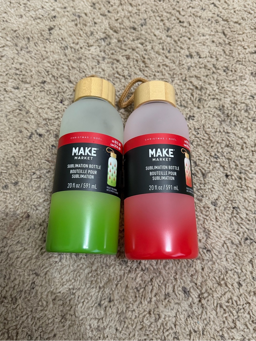 2- glass 20 oz Make Market Sublimation Bottles (1 green, 1 red)